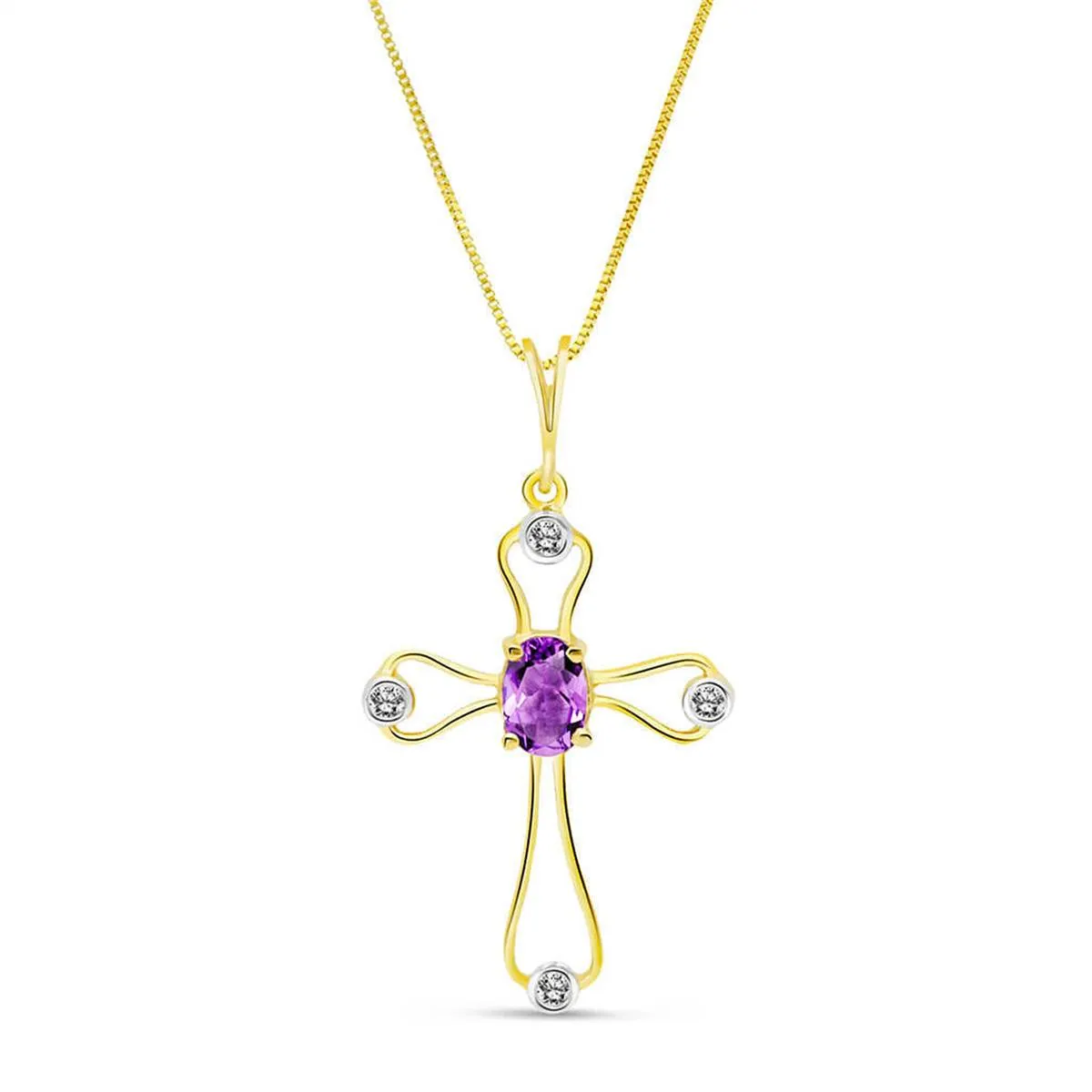 0.57 Carat 14K Solid Yellow Gold Cross Necklace Natural Diamond Amethyst