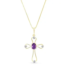 0.57 Carat 14K Solid Yellow Gold Cross Necklace Natural Diamond Amethyst