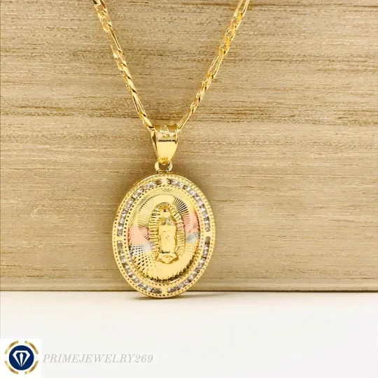 14K Gold Filled Virgen de Guadalupe Pendant Necklace 24x18mm CZ Stones Pendant / Dije de Guadalupe y Cadena Figaro Link