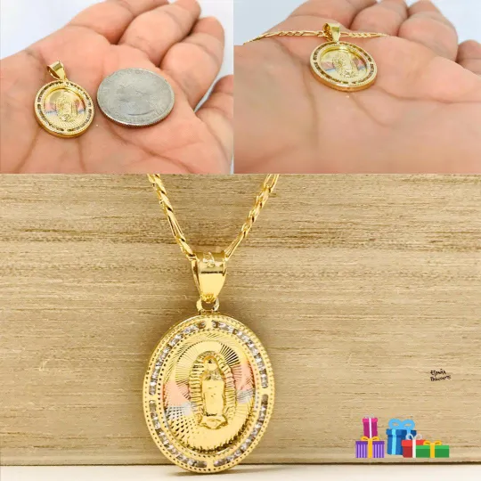 14K Gold Filled Virgen de Guadalupe Pendant Necklace 24x18mm CZ Stones Pendant / Dije de Guadalupe y Cadena Figaro Link