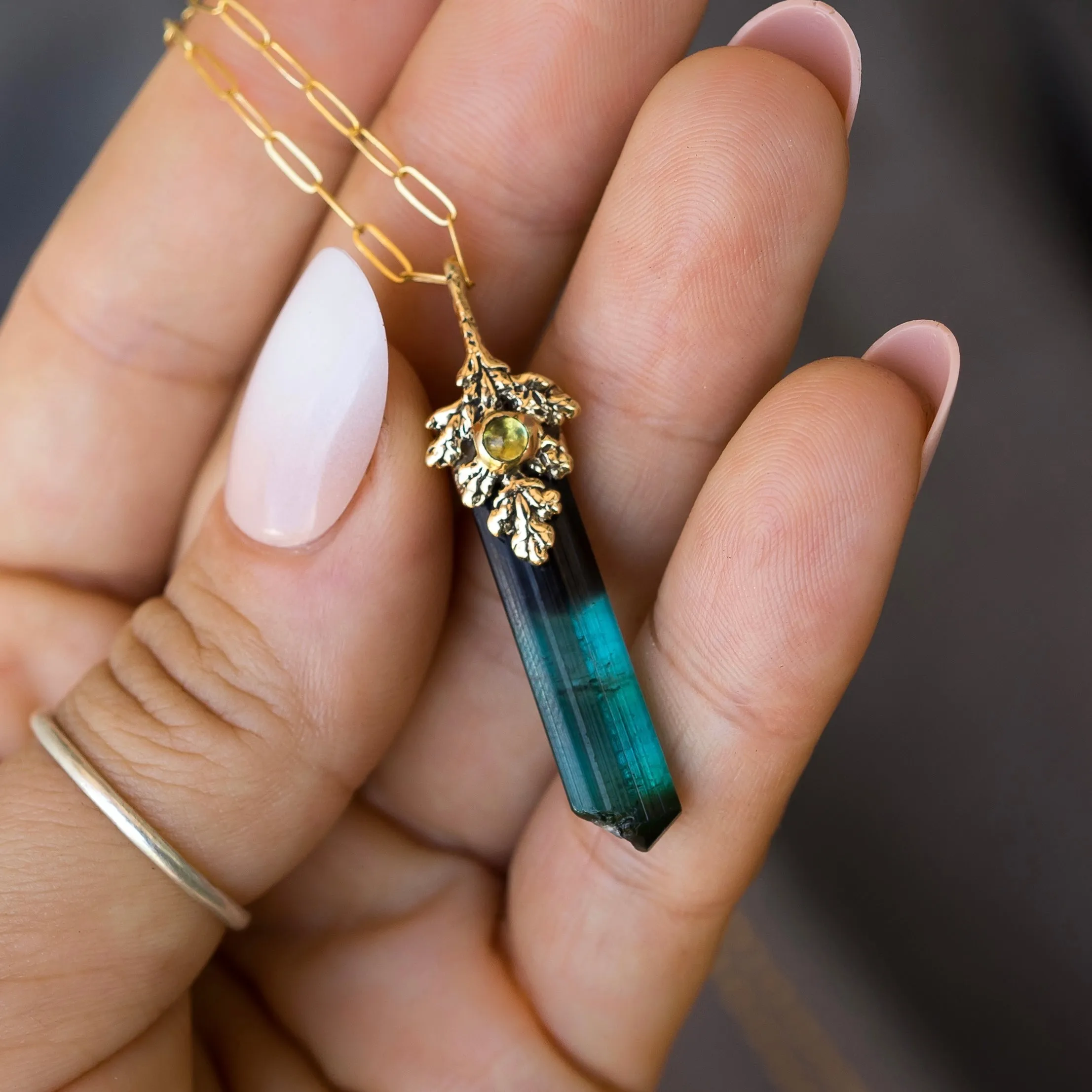 14k Gold Tourmaline Crystal Fairy Pendant