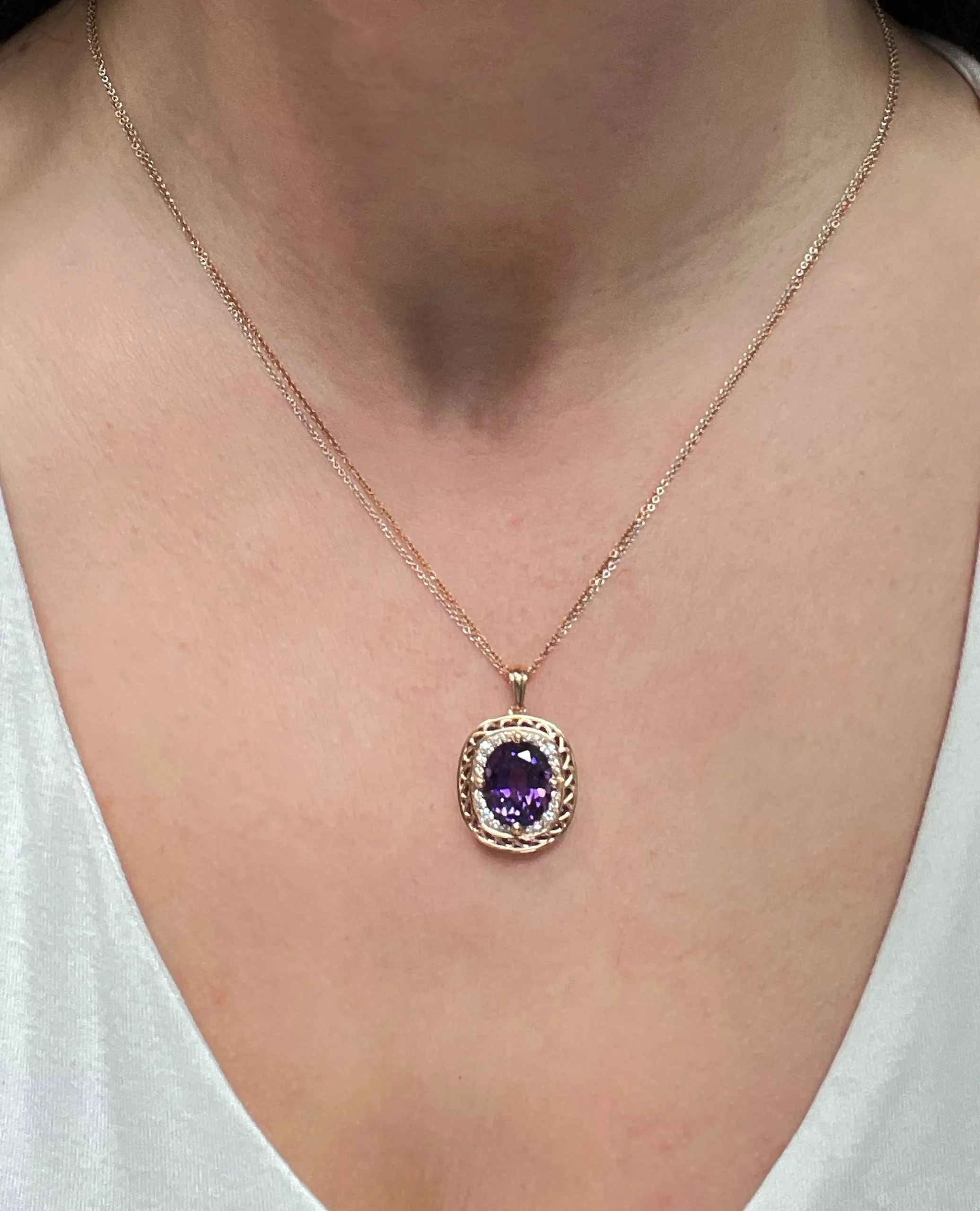 14K Rose and White Gold Pendant Necklace with Amethyst and Diamonds