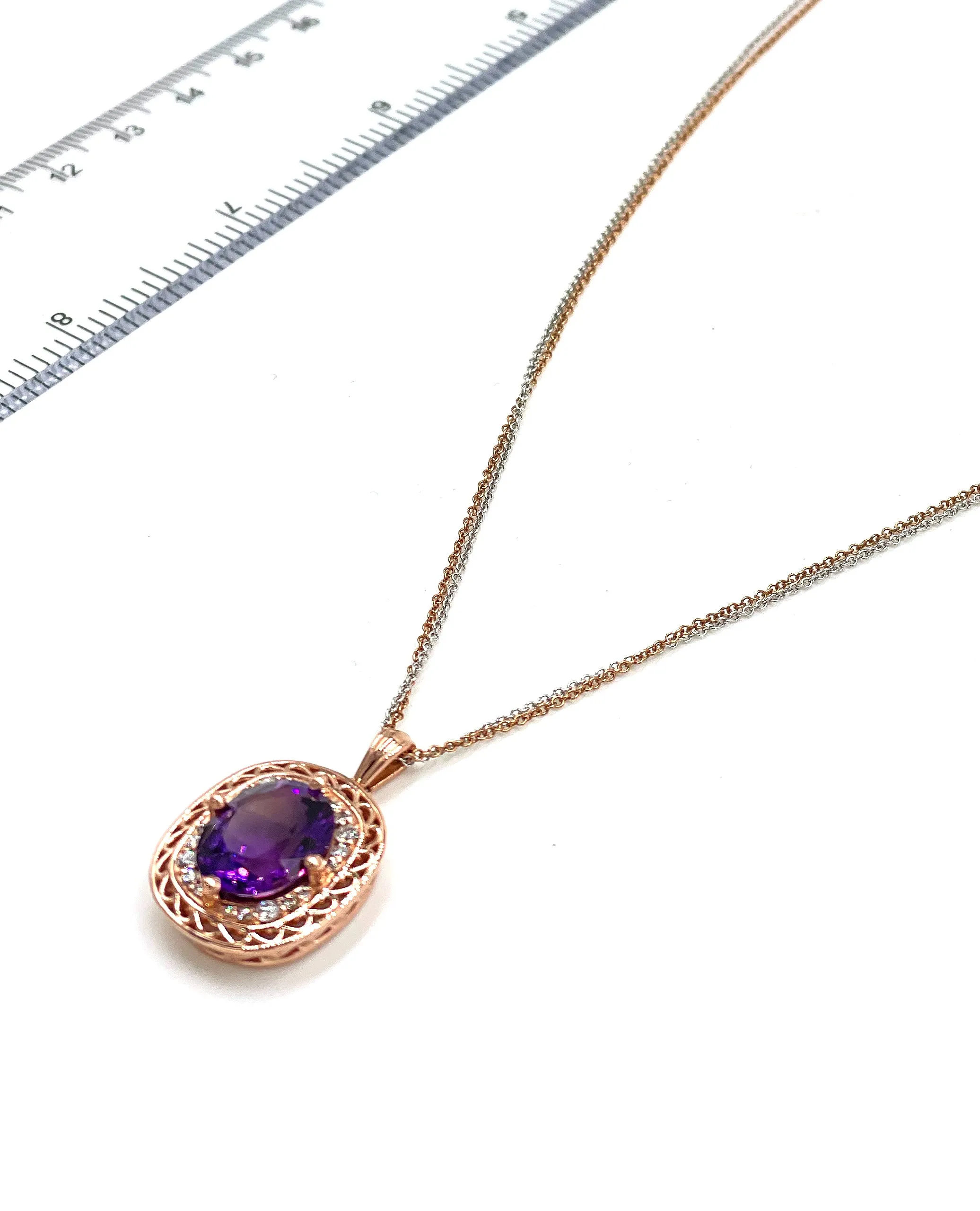 14K Rose and White Gold Pendant Necklace with Amethyst and Diamonds