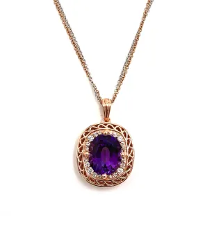 14K Rose and White Gold Pendant Necklace with Amethyst and Diamonds