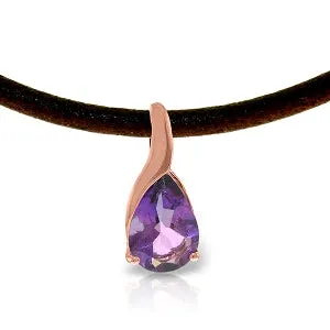 14K Solid Rose Gold & Leather Necklace w/ Natural Amethyst