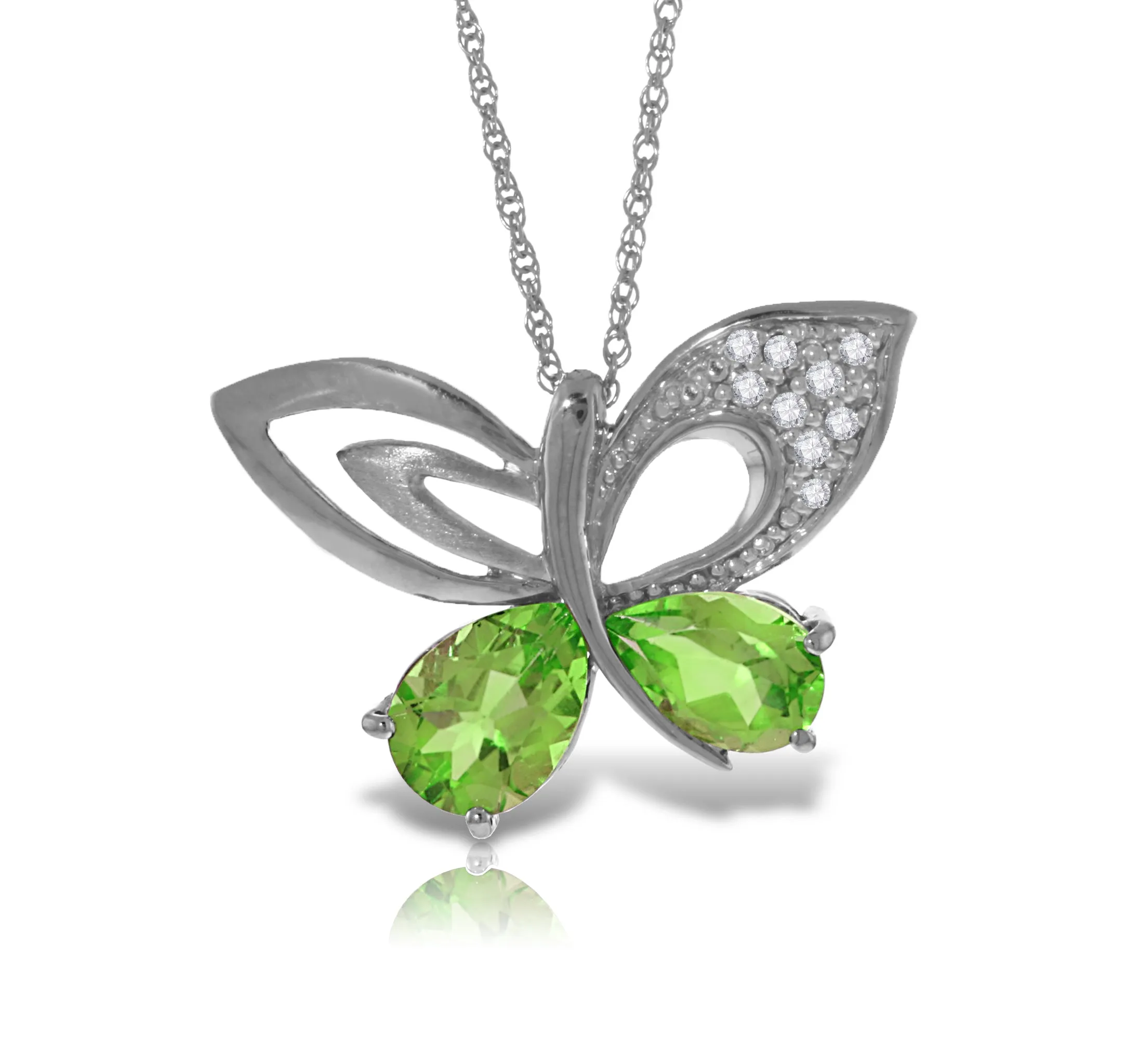 14K Solid White Gold Butterfly Necklace w/ Natural Diamonds & Peridots