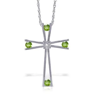 14K Solid White Gold Cross Necklace w/ Natural Diamond & Peridots