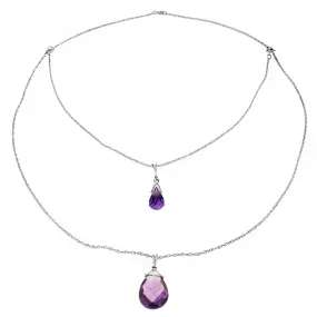 14K Solid White Gold Front And Back Drop Necklace w/ Briolette Amethysts