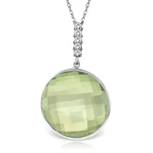 14K Solid White Gold Necklace w/ Diamonds & Checkerboard Cut Green Amethyst