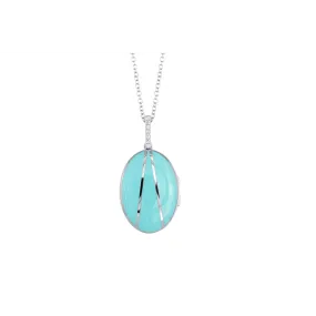 14K White Gold and Turquoise Enamel Oval Locket Necklace with Diamond Bail