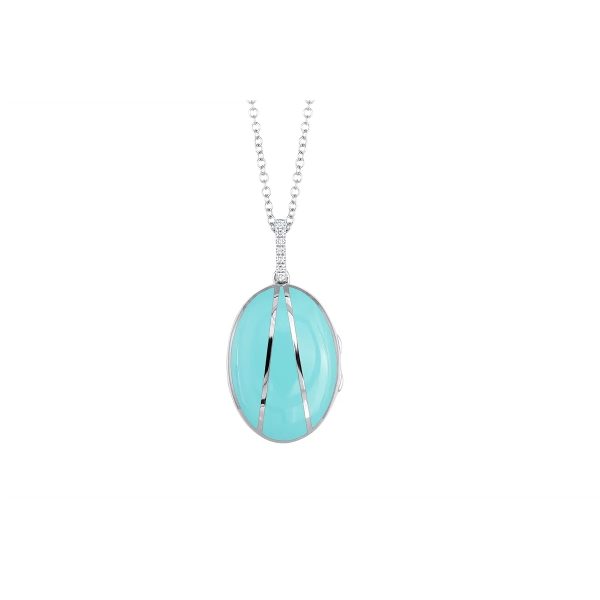 14K White Gold and Turquoise Enamel Oval Locket Necklace with Diamond Bail