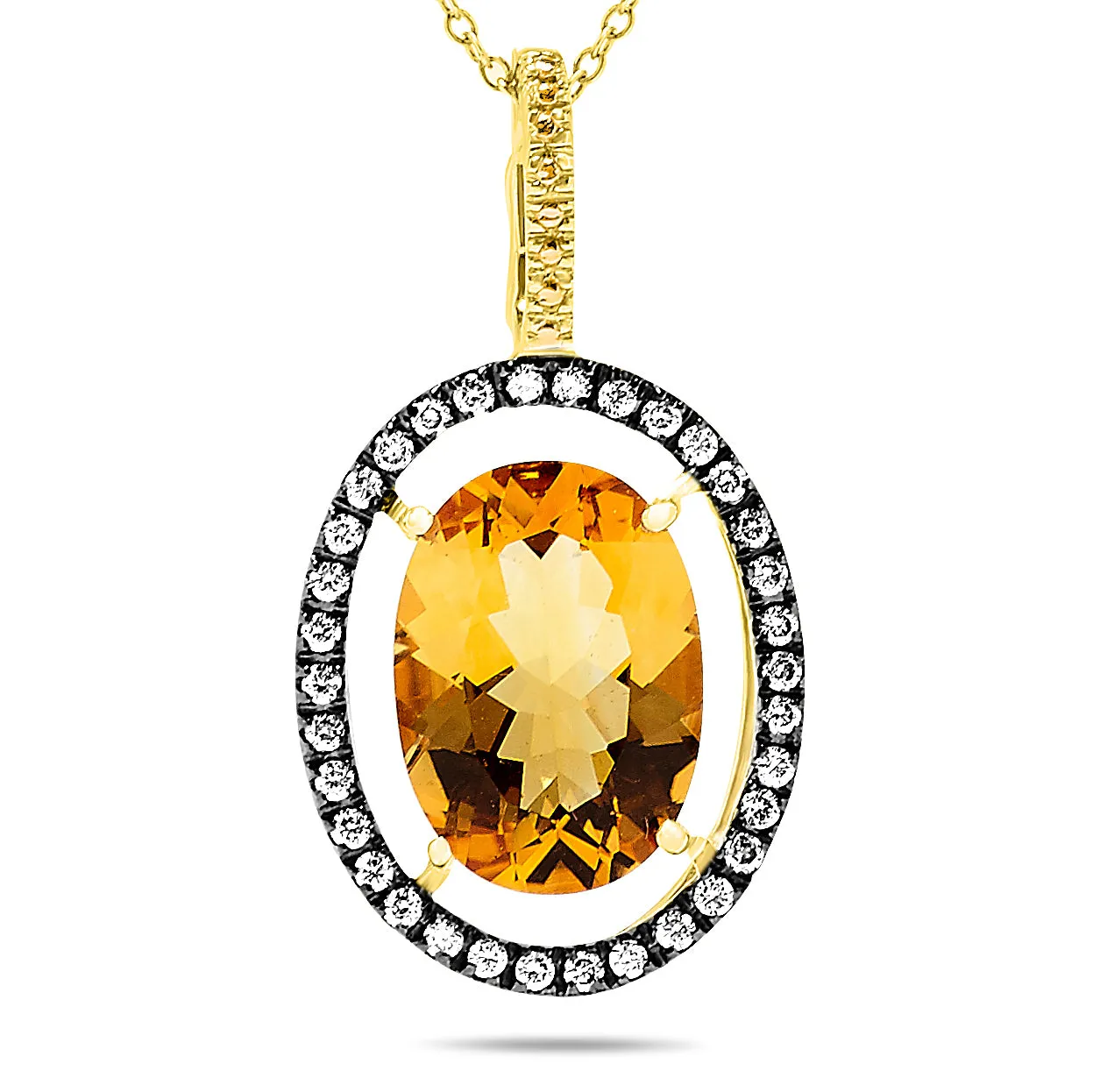 14k Yellow Gold Large Citrine Center Stone and Diamond Halo Gemstone Pendant Necklace, Birthstone of November