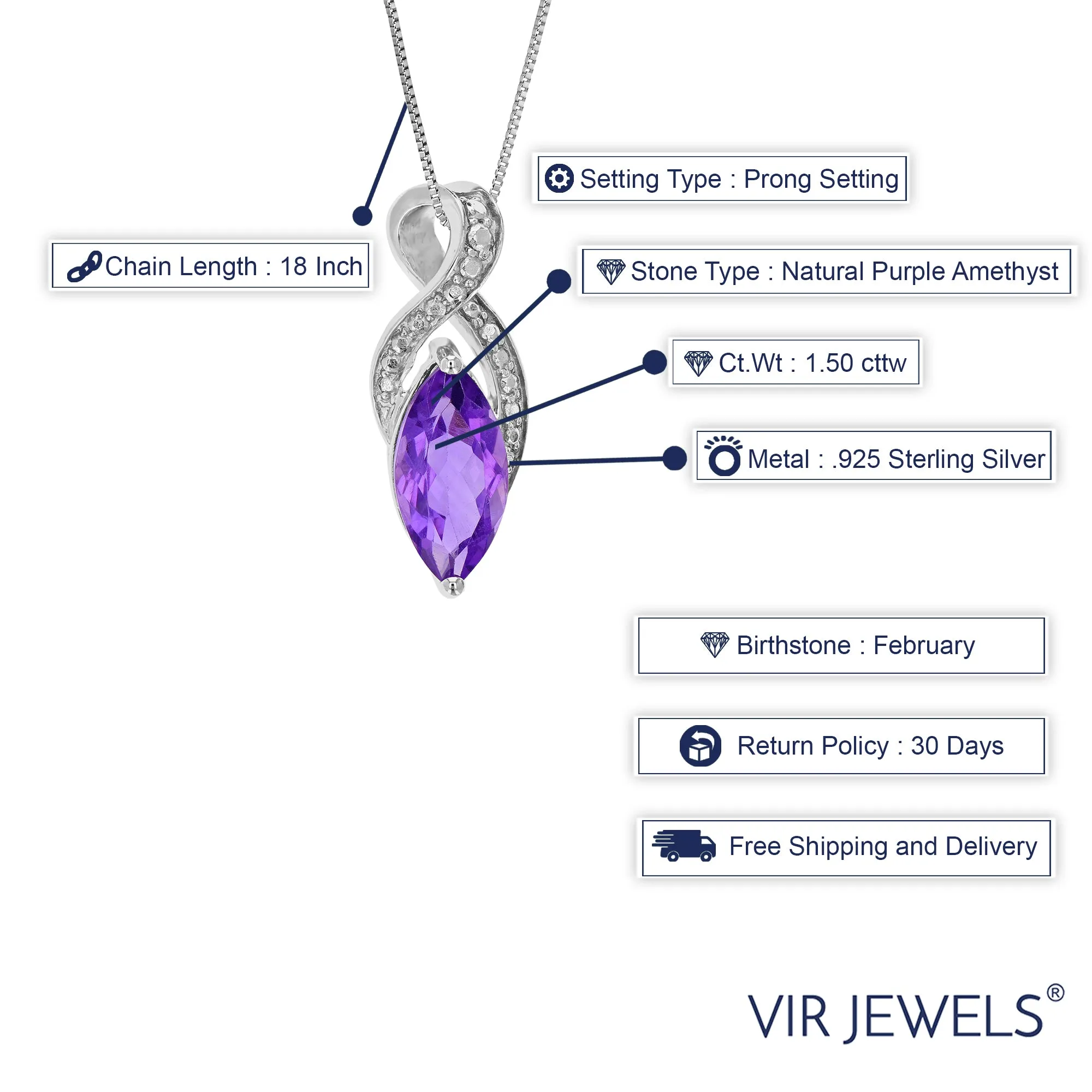 1.50 cttw Purple Amethyst Pendant Necklace .925 Sterling Silver 12x6 MM Marquise