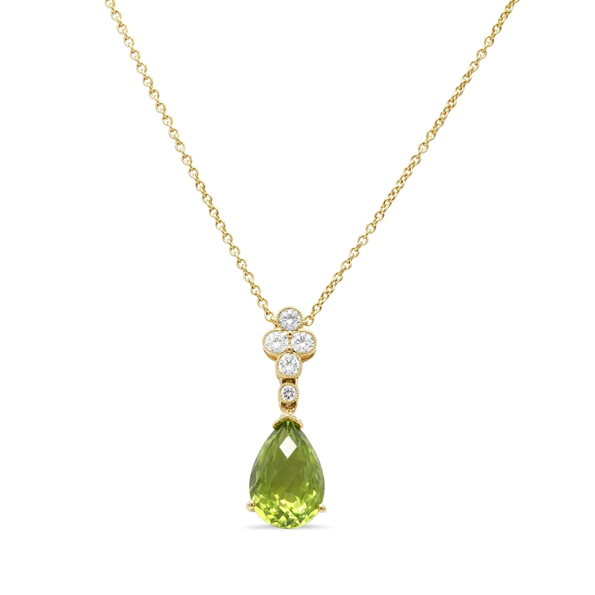 18ct Yellow Gold Diamond & Peridot Drop Pendant Necklace 17"