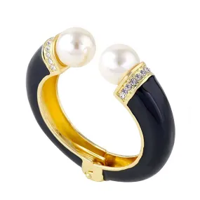 18k Gold Black Enamel Pearl Cuff Bangle