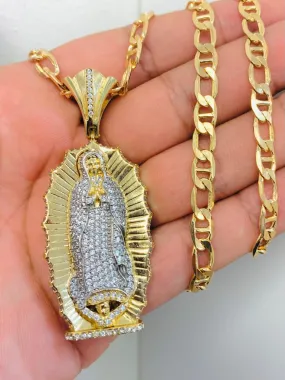 18K Gold Filled Virgen de Guadalupe Necklace Mariner Link Chain 24" 20g 6m