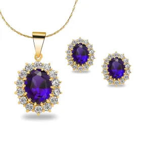 18K Yellow Gold Created Amethyst  Round 2 Carat Oval Necklace Plated 18 inch