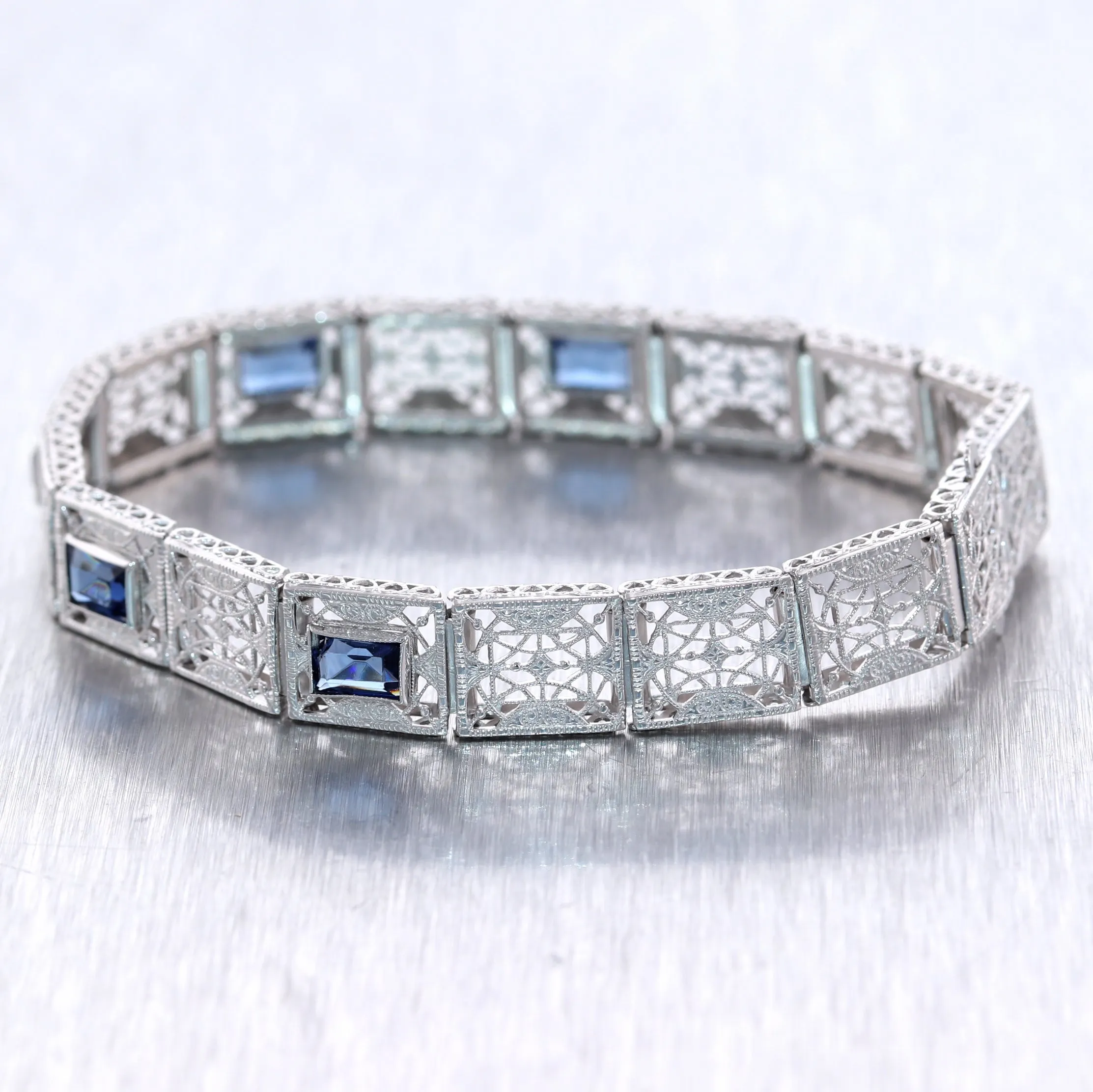 1920's Antique Art Deco 14k White Gold Synthetic Sapphire Filigree Bracelet