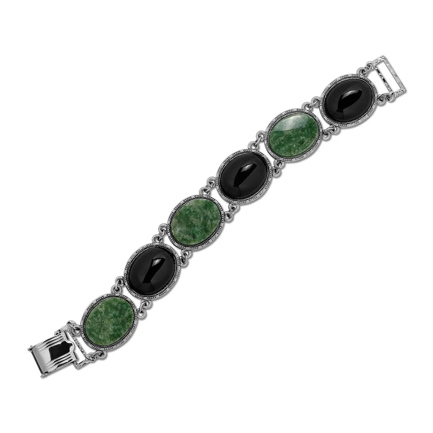 1928 Jewelry Onyx & Jade Semi Precious Link Bracelet