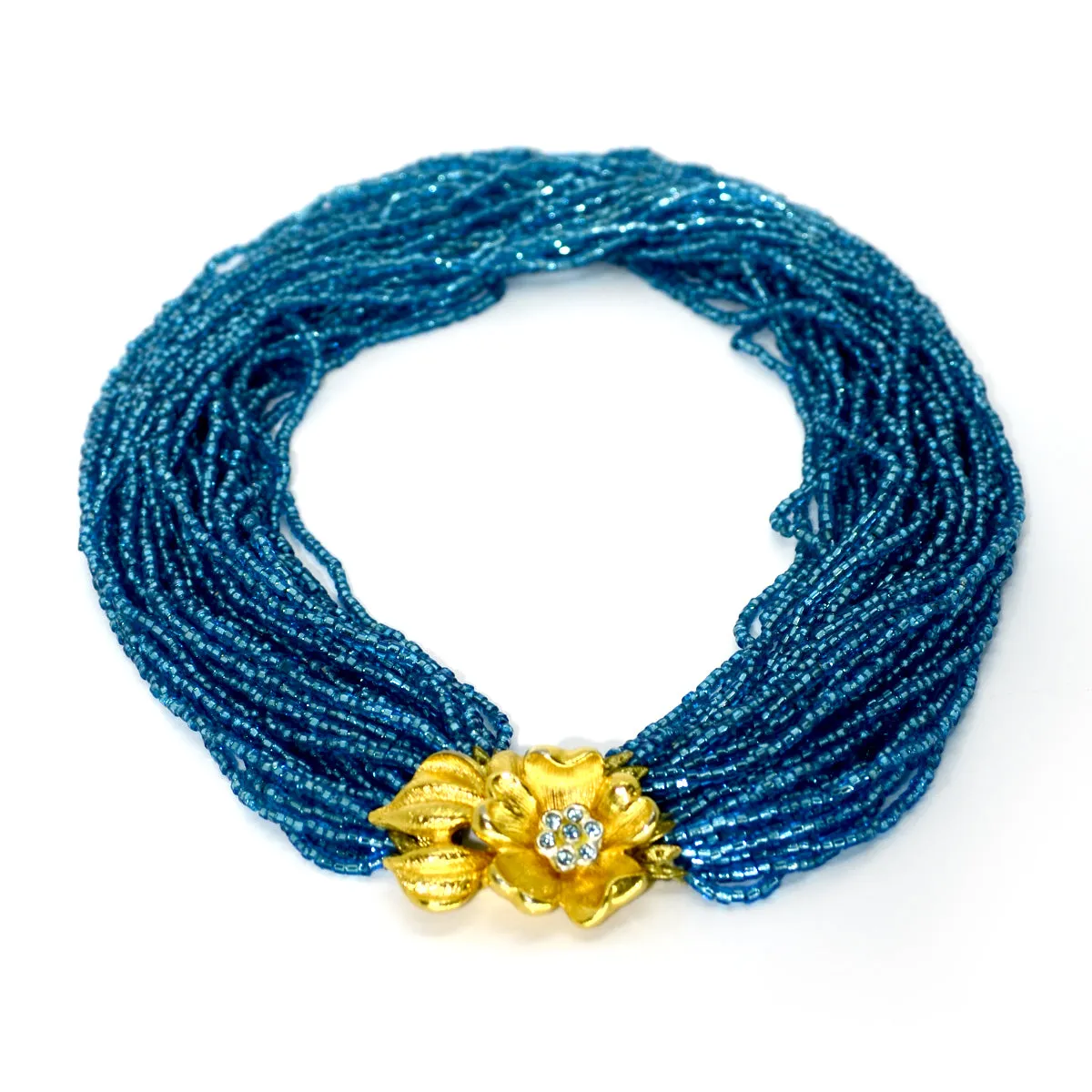 1960s Multi Strand Blue Glass Torsade Necklace w/ Gold Flower Clasp