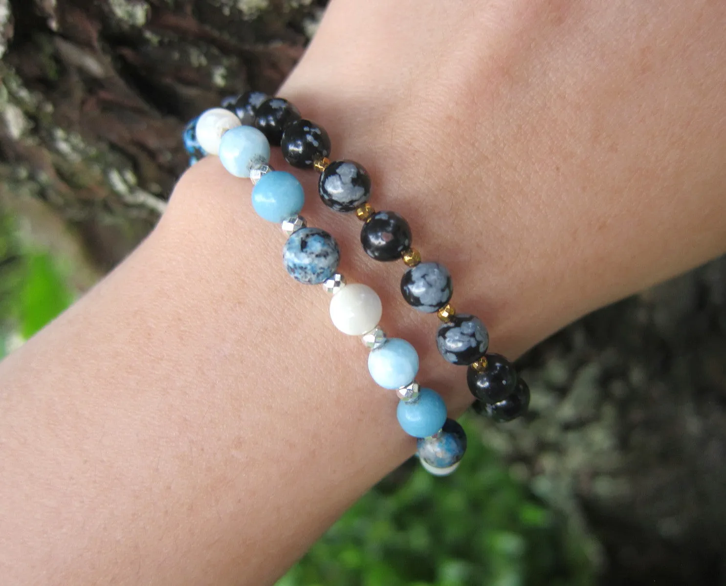 2 piece set - Larimar, Snowflake Obsidian, Hematite Bracelet - Throat and Third Eye Chakra