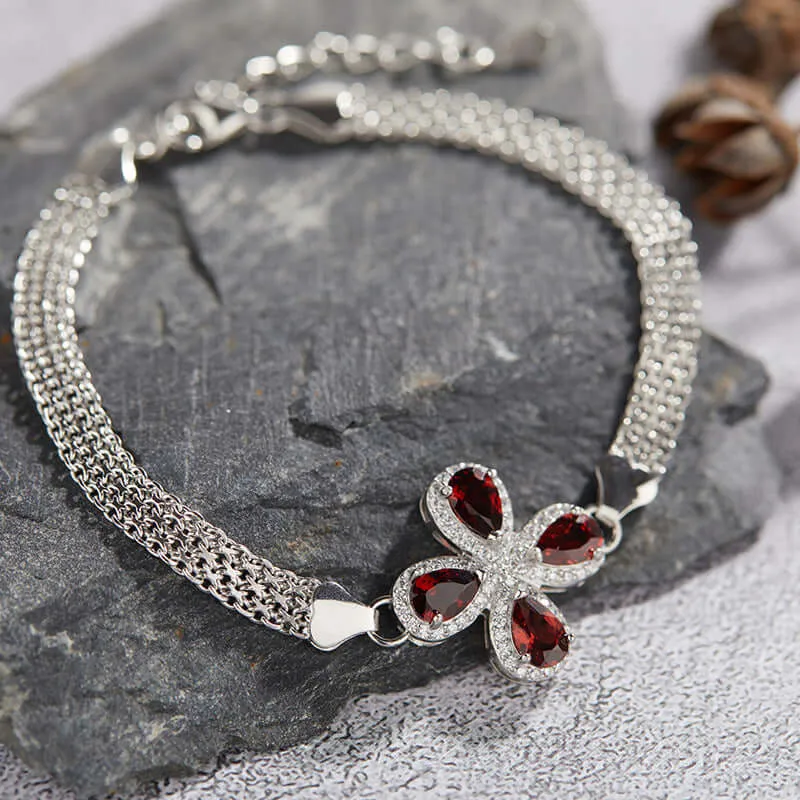 925 Silver Garnet Four-Leaf Clover Bracelet