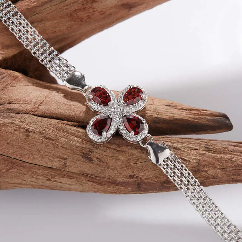 925 Silver Garnet Four-Leaf Clover Bracelet