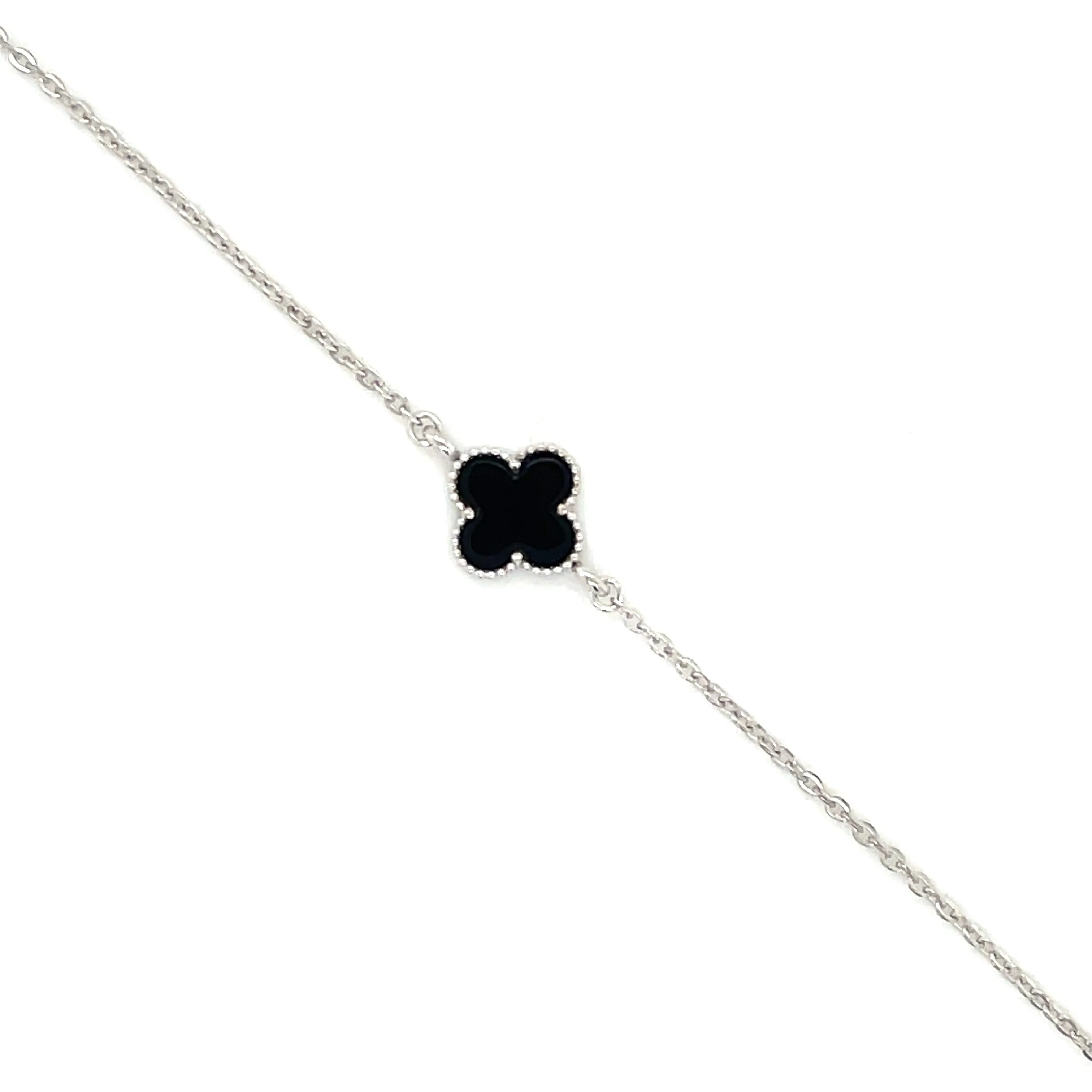 9ct White Gold Black Onyx Clover Bracelet