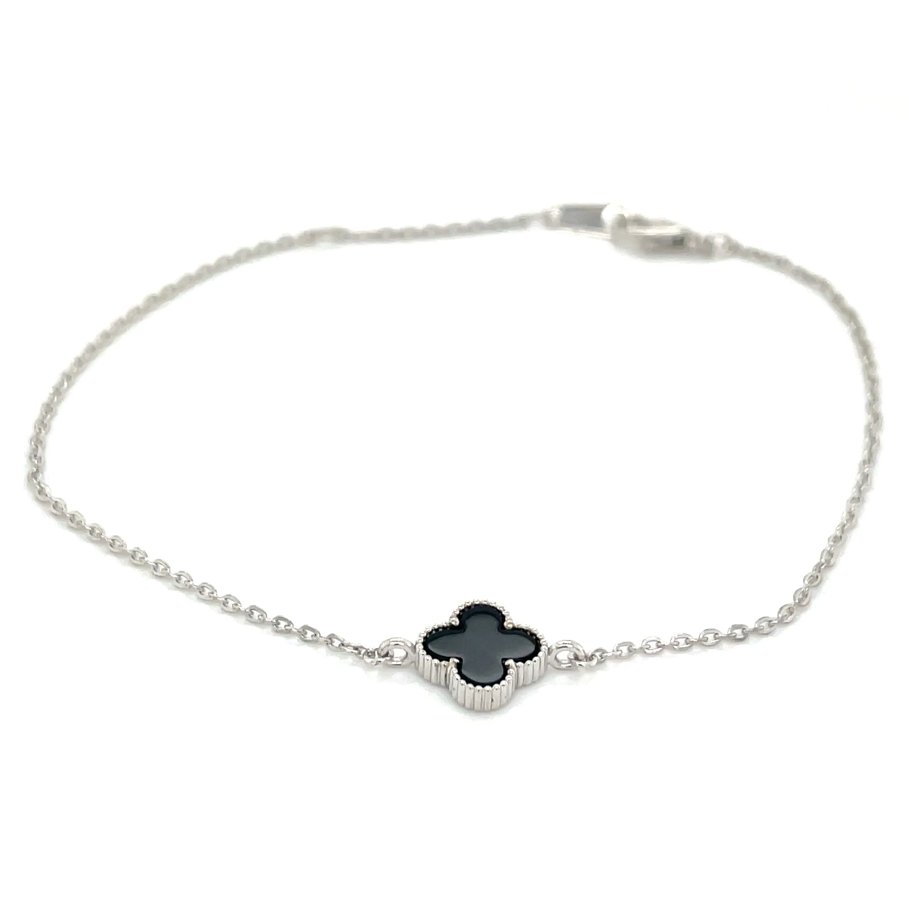 9ct White Gold Black Onyx Clover Bracelet