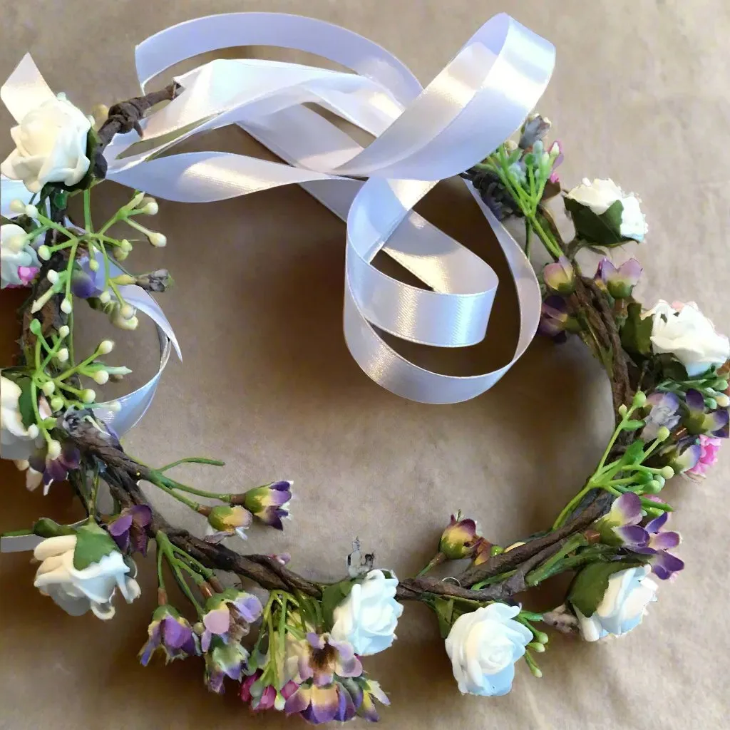 a flower crown of white and lilac artificial flowers