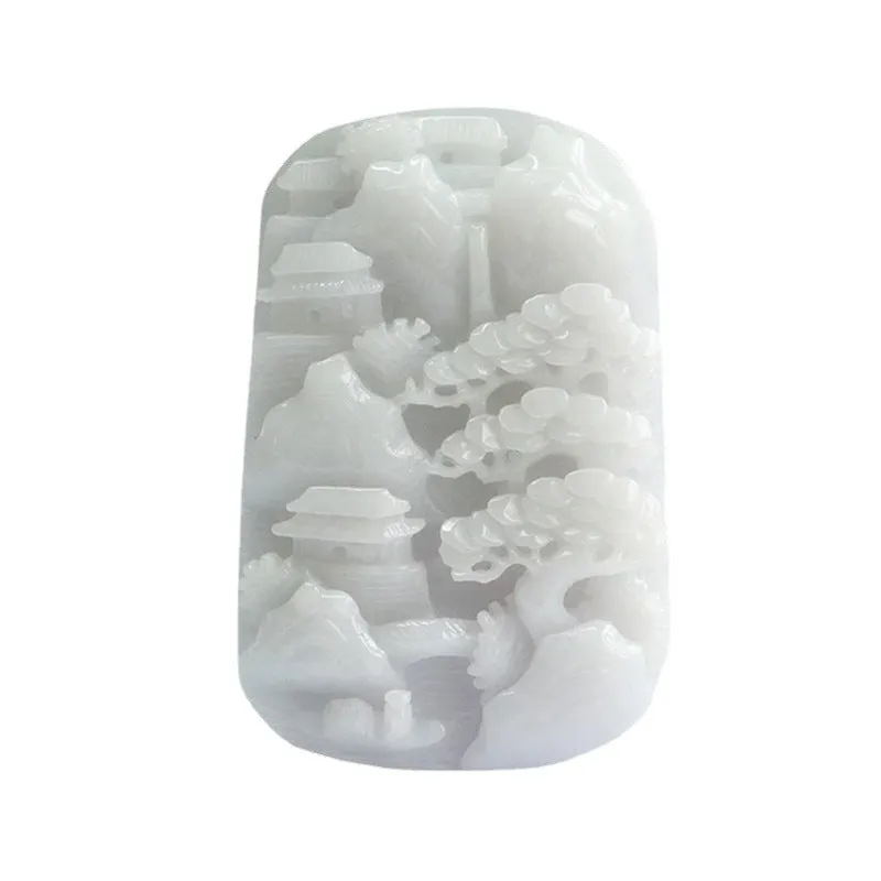 A Grade White Jade Landscape Pendant with Sterling Silver Needle