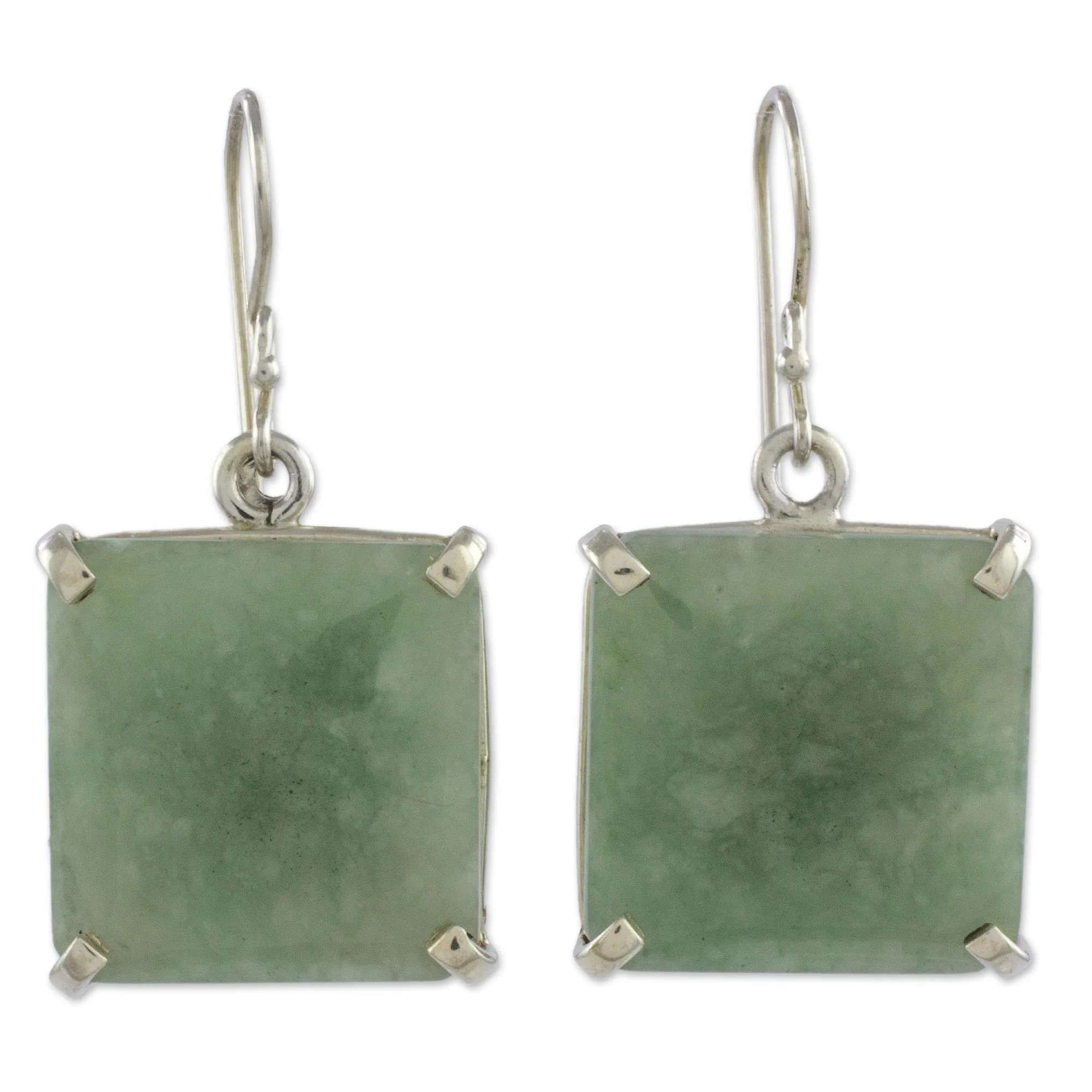 Abstract Square Minimalist Silver and Apple Green Jade Artisan Earrings