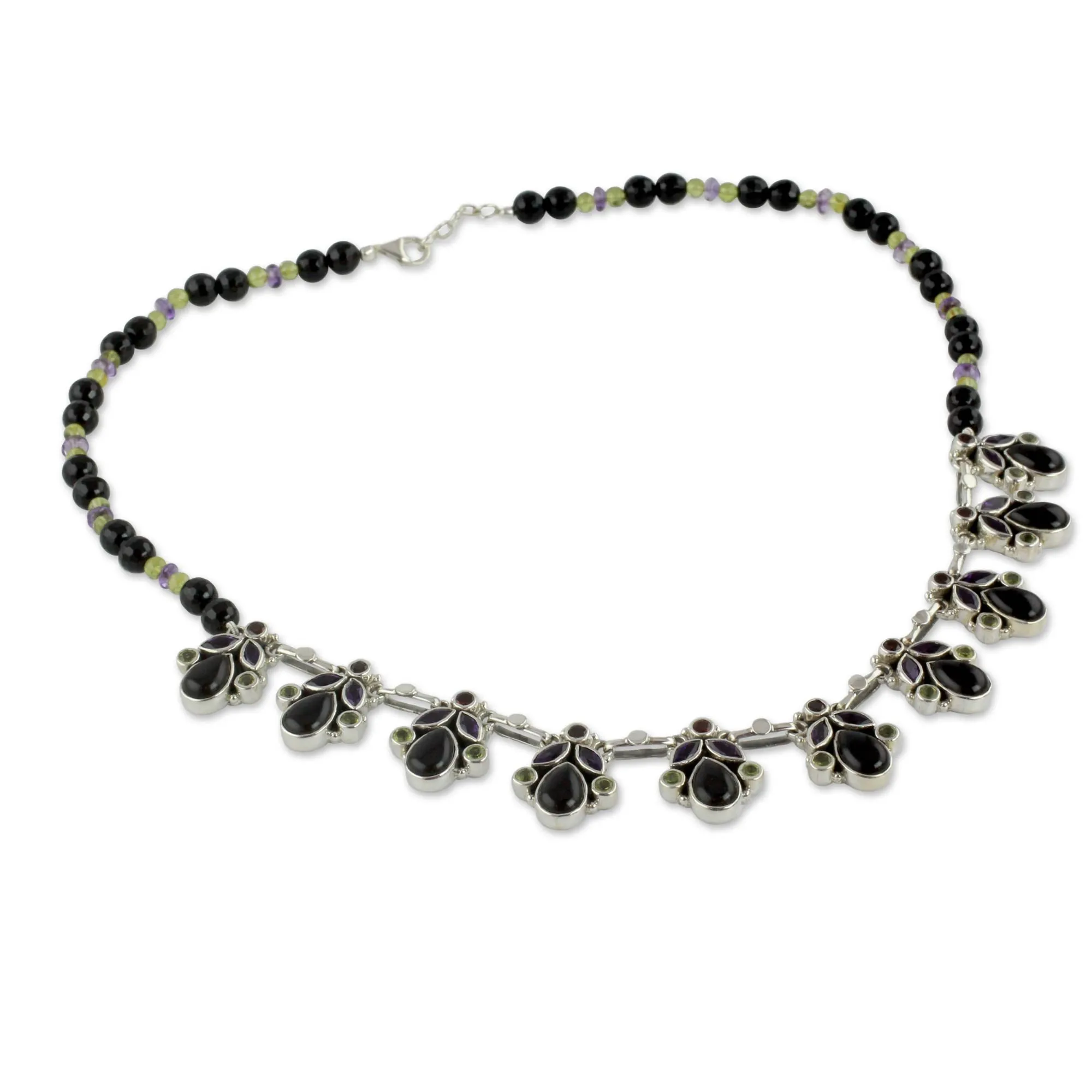 Abundance Onyx and Multigem Sterling Silver Waterfall Necklace