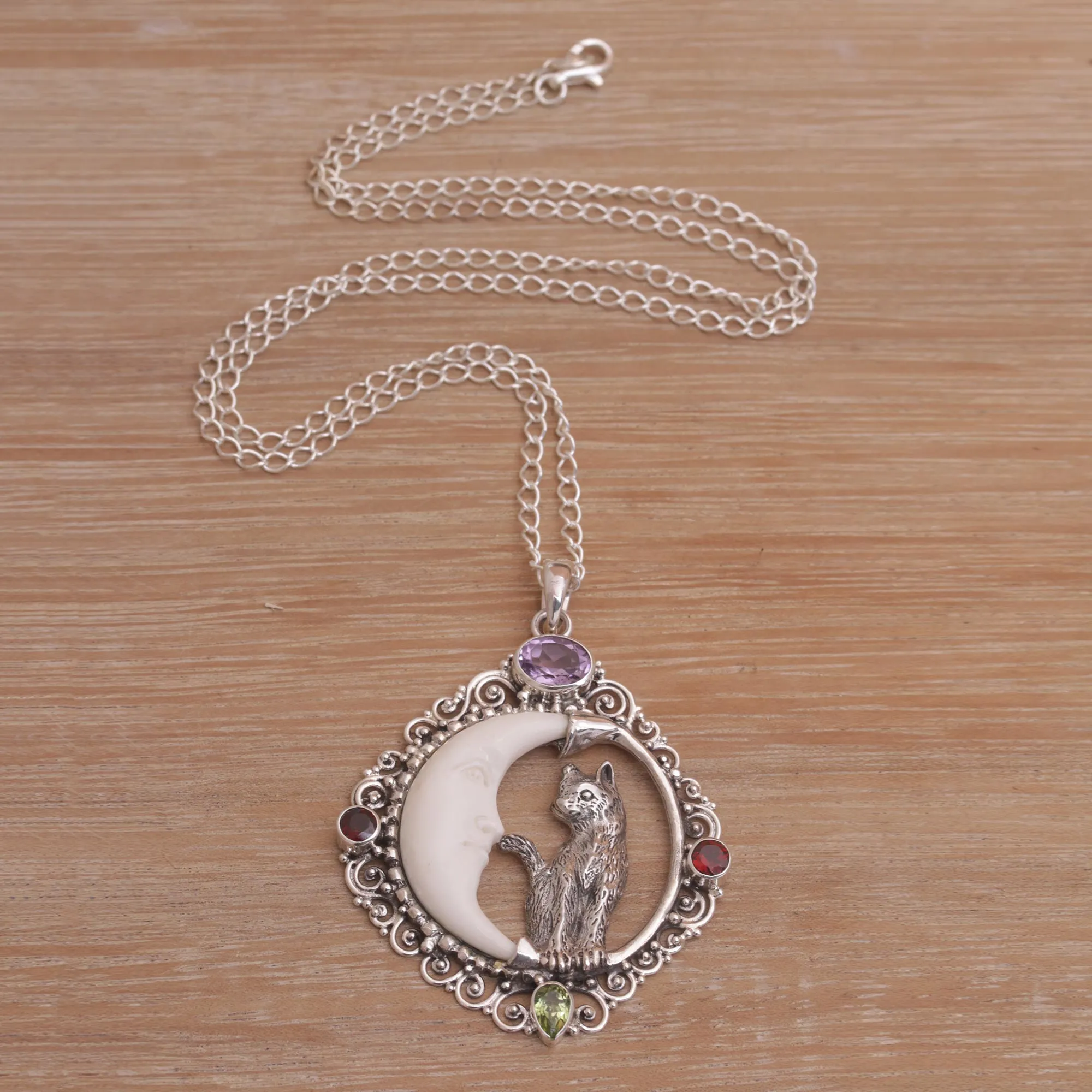 Alley Cat & Crescent Moon Pendant Necklace