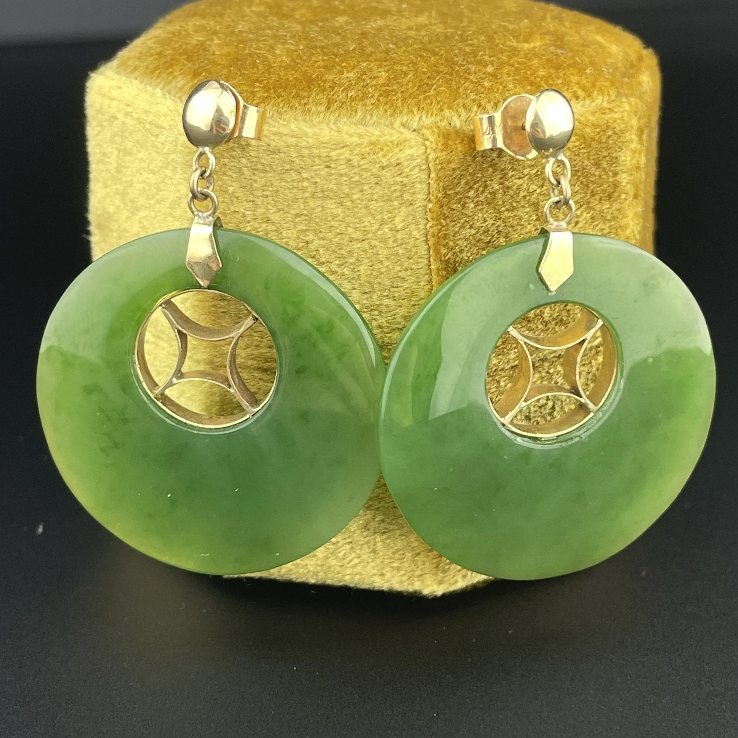 Antique 14K Gold Jade Round Disc Dangle Hoop Earrings