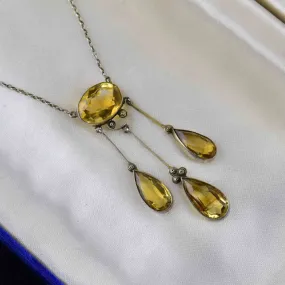 Antique Citrine Vintage Drop Necklace - 925 Sterling Silver