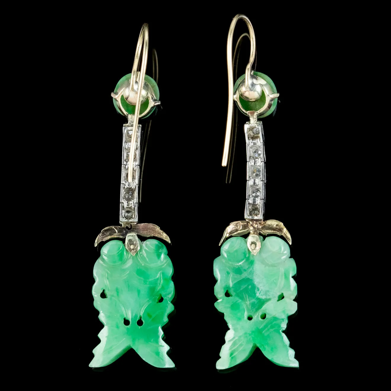 Antique Edwardian Jade Diamond Drop Earrings Platinum 18ct Gold Circa 1910