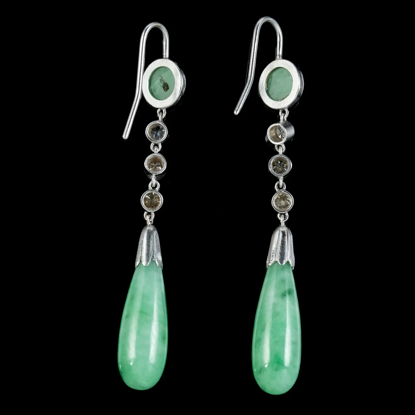 Antique Edwardian Jade Diamond Drop Earrings Platinum Circa 1915