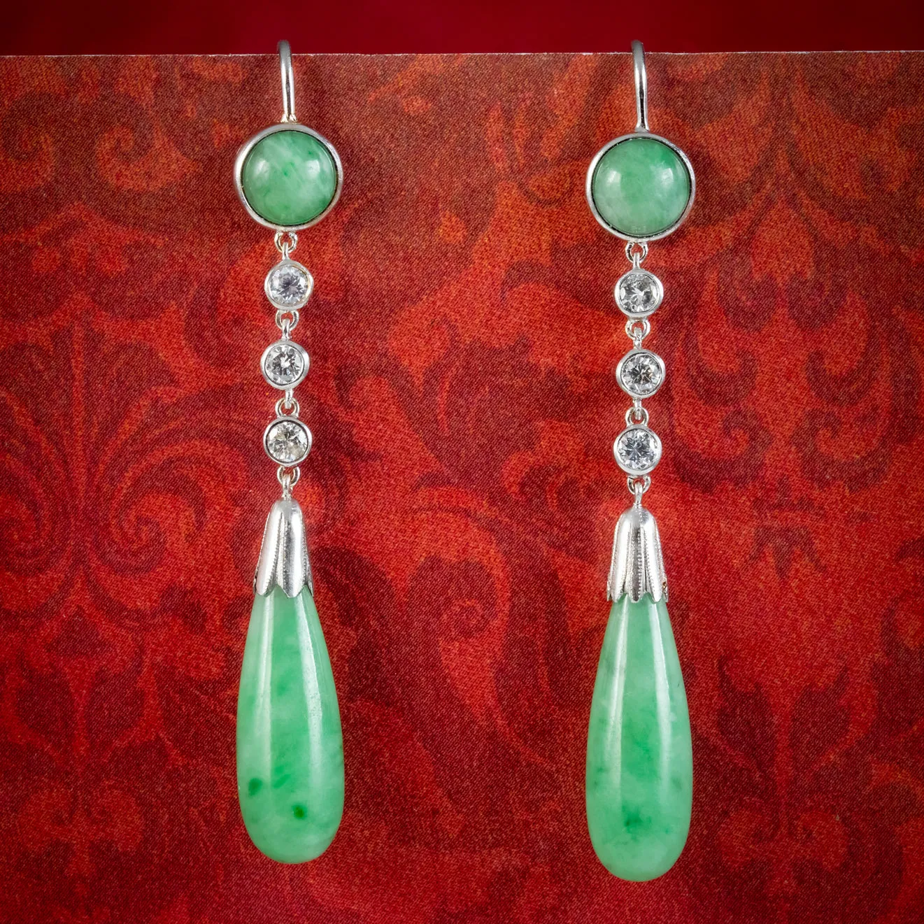 Antique Edwardian Jade Diamond Drop Earrings Platinum Circa 1915