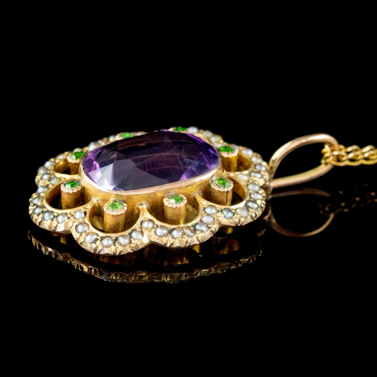 Antique Edwardian Suffragette Pendant Necklace Amethyst Peridot Pearl 9ct Gold Circa 1910