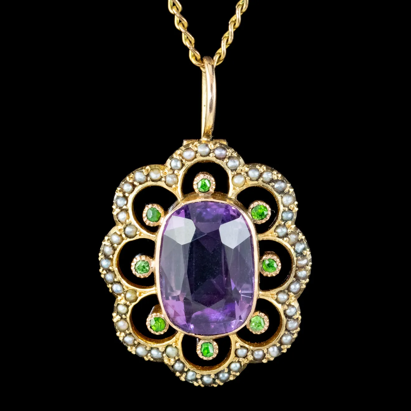 Antique Edwardian Suffragette Pendant Necklace Amethyst Peridot Pearl 9ct Gold Circa 1910