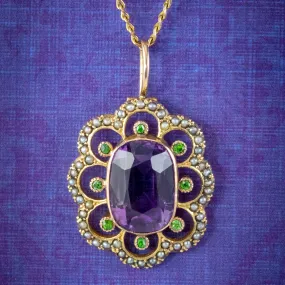 Antique Edwardian Suffragette Pendant Necklace Amethyst Peridot Pearl 9ct Gold Circa 1910