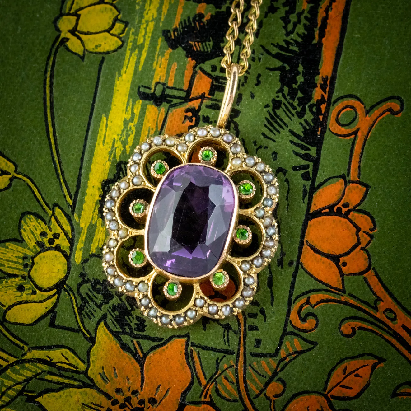 Antique Edwardian Suffragette Pendant Necklace Amethyst Peridot Pearl 9ct Gold Circa 1910