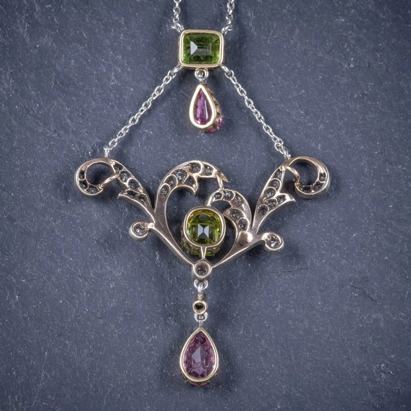 Antique Edwardian Suffragette Pendant Necklace Diamond Peridot Spinel Platinum Circa 1915