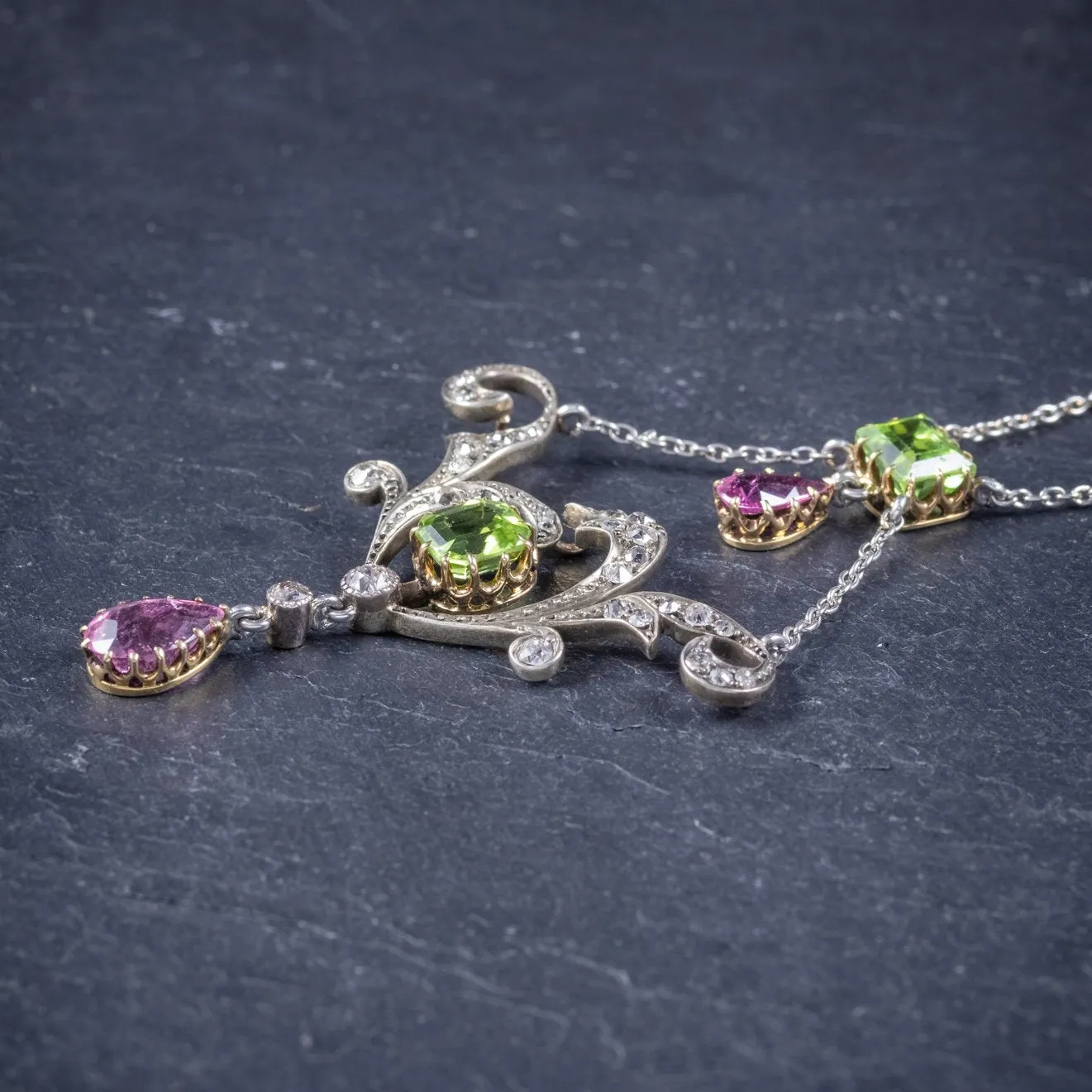 Antique Edwardian Suffragette Pendant Necklace Diamond Peridot Spinel Platinum Circa 1915