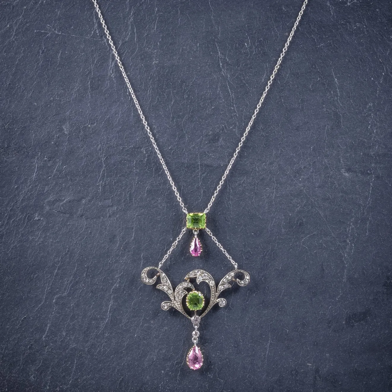 Antique Edwardian Suffragette Pendant Necklace Diamond Peridot Spinel Platinum Circa 1915