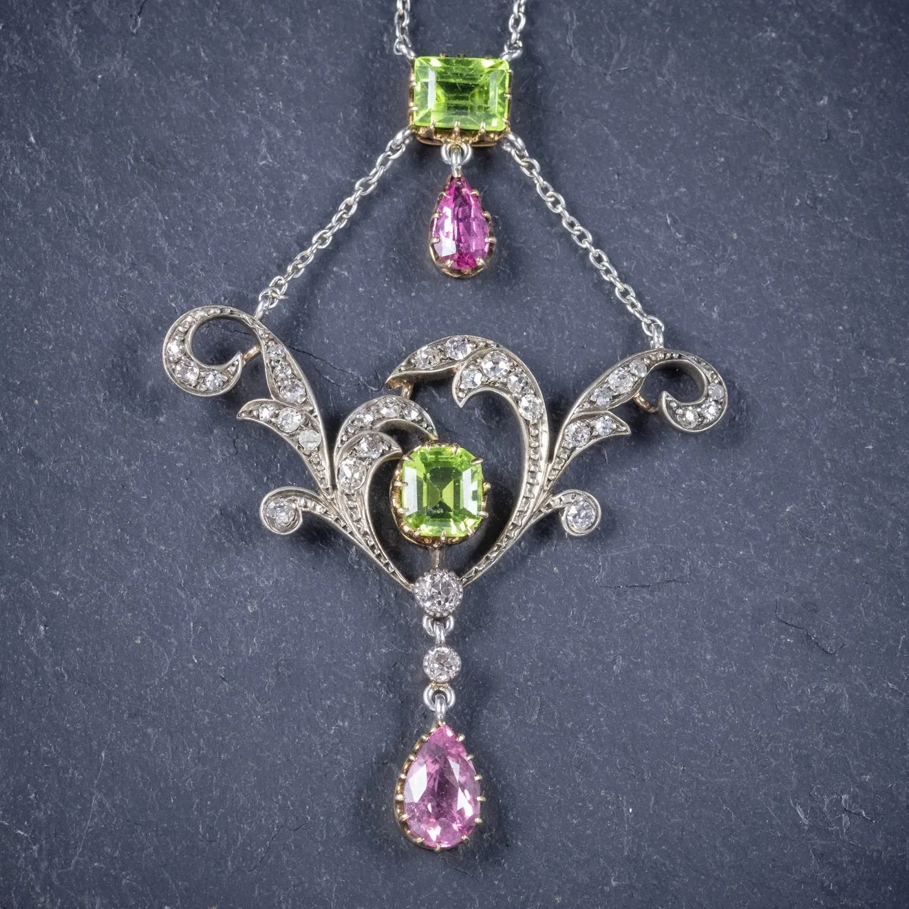 Antique Edwardian Suffragette Pendant Necklace Diamond Peridot Spinel Platinum Circa 1915