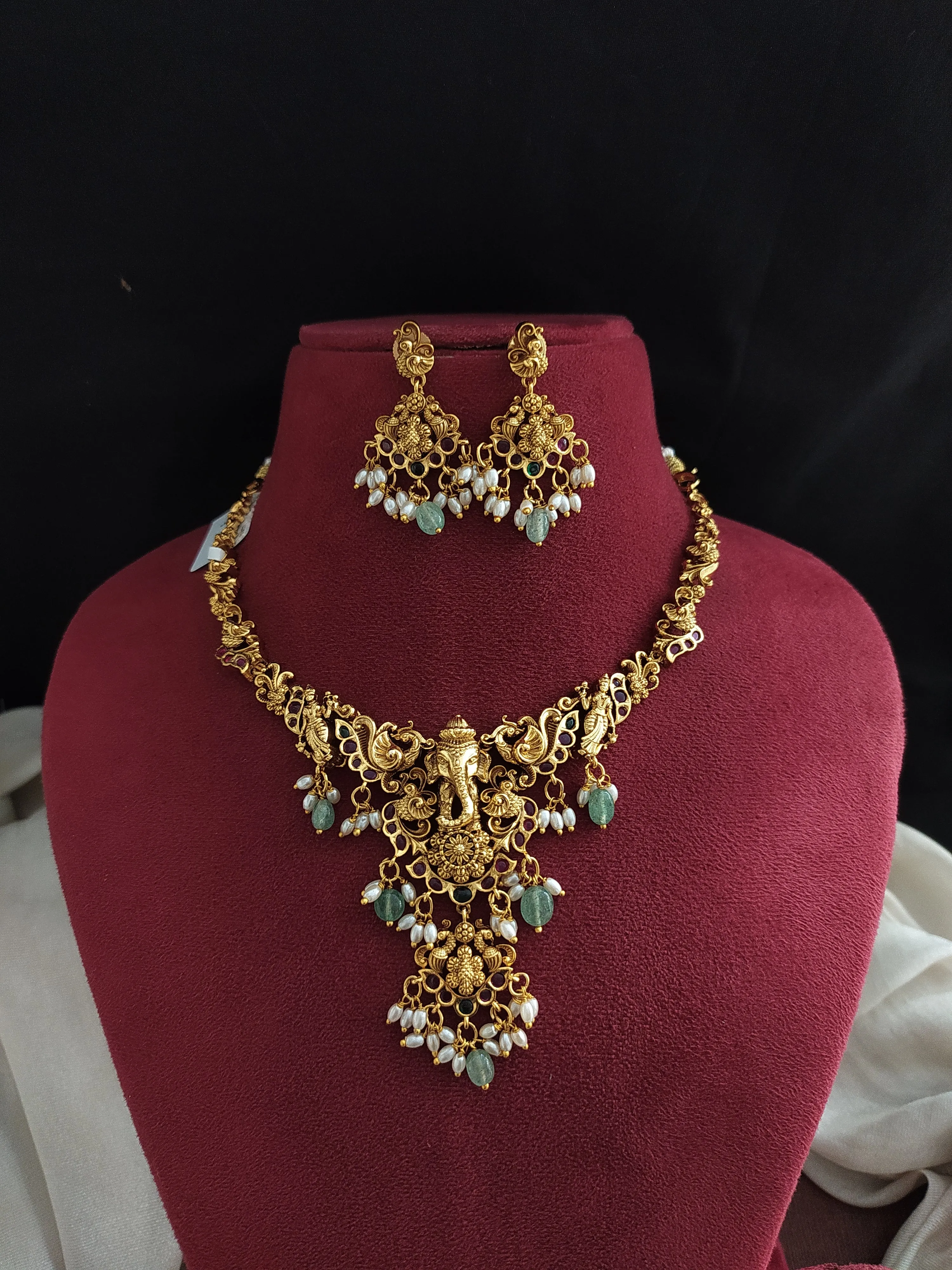 Antique Ganesha Necklace Set with Floral & Peacock Nakshi Work