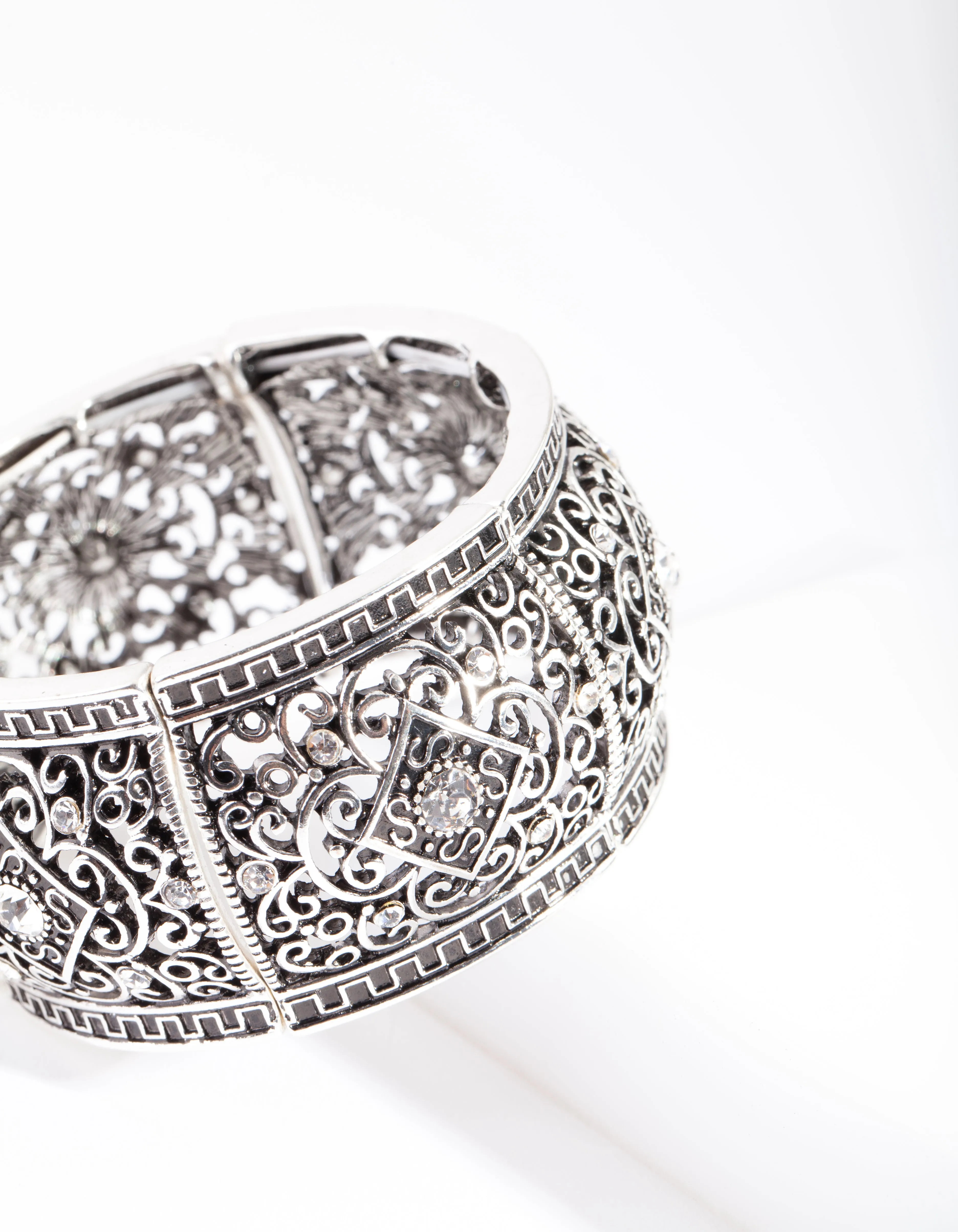 Antique Silver Diamante Filigree Bangle