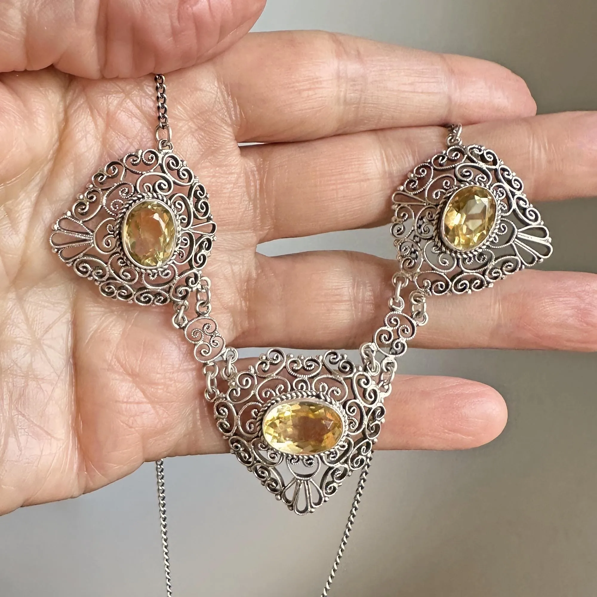 Antique Silver Filigree 10 CTW Citrine Necklace